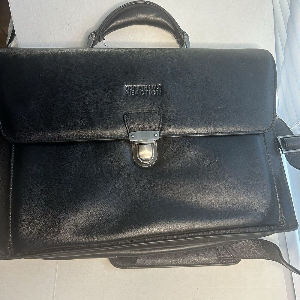 Kenneth Cole Reaction Laptop Briefcase Black Leather Mens Bag